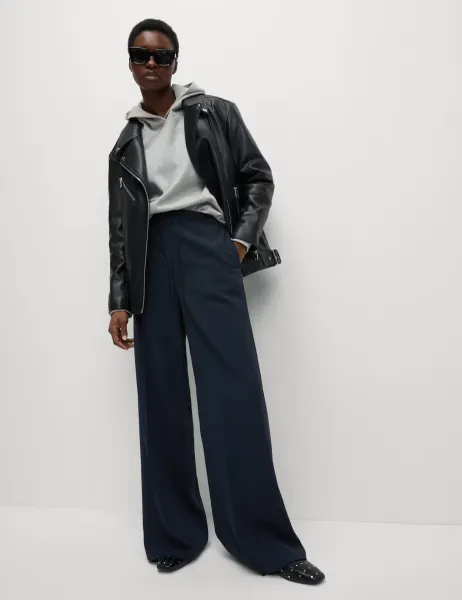 Marks & Spencer Crepe Elasticated Waist Wide Leg Trousers Dark Navy
