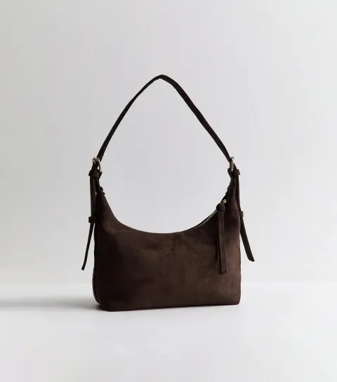 Dark Brown Faux Suede Slouchy Shoulder Bag