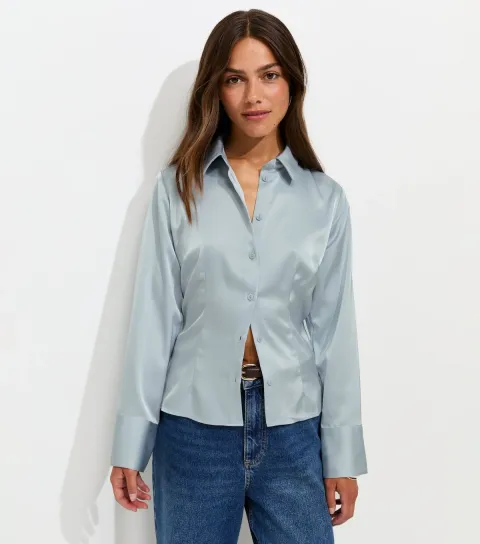 New Look Women's Petite Light Blue Satin Collared Shirt