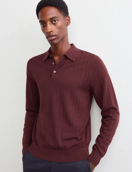 Jaeger Merino Wool Rich Knitted Polo Shirt with Silk Dark Burgundy