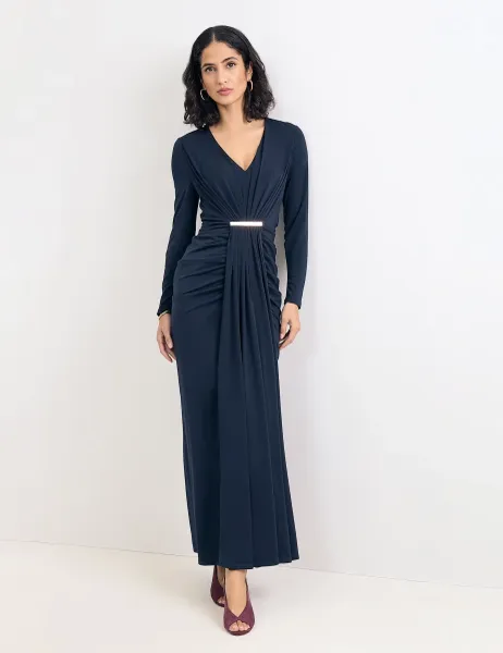 V Neck Ruched Zip Up Maxi Dress Navy