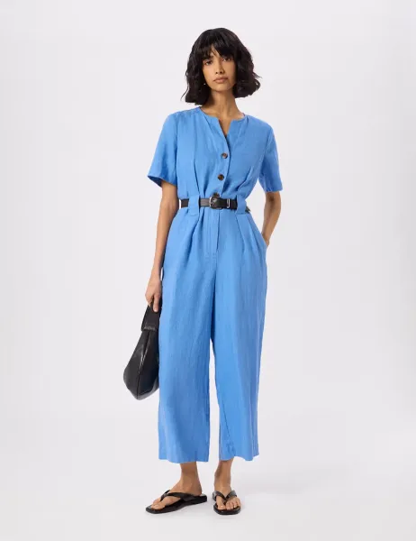 Whistles Pure Linen Belted Cropped Jumpsuit Blue