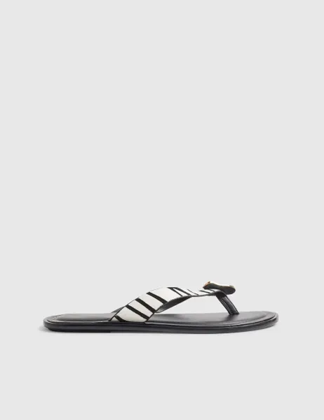 River Island Leather Zebra Print Hardware Toe Thong Sandals Black Mix