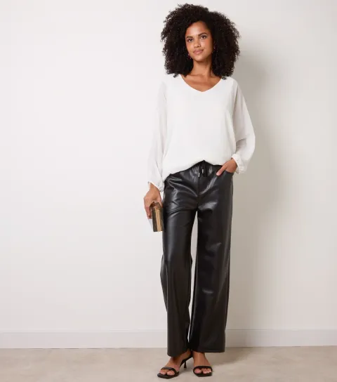 Women's Black Faux Leather Wide Leg Trousers