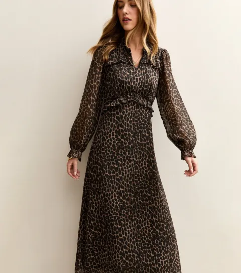 Women's Brown Chiffon Animal Print Ruffled Midi Dress
