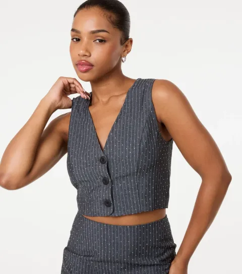 Women's Grey Striped Diamante Embellished Waistcoat