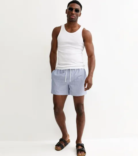 Men's Blue Regular Seersucker Striped Swim Shorts