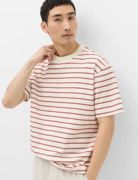 Marks & Spencer Cotton Rich Textured Breton T-Shirt Medium Red