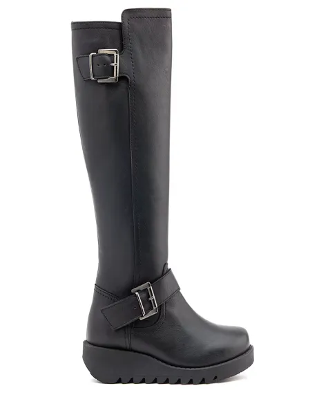 Jones Bootmaker Leather Buckle Wedge Knee High Boots Black
