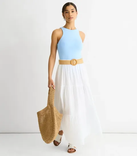 Women's White Belted Tiered Maxi Skirt