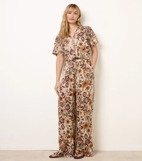 Women's Brown Floral Print Wide Leg Trousers