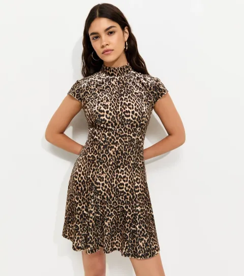 New Look Women's Brown Leopard Print Velvet High Neck Mini Dress