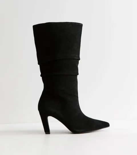 New Look Women's Black Suede Mid Calf High Ruched Boots
