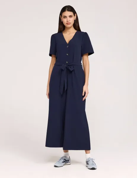 Finery London Crepe Tie Waist Short Sleeve Wide Leg Jumpsuit Navy