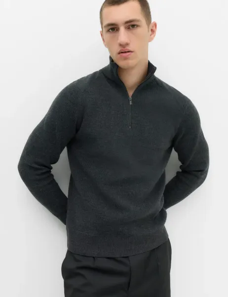 Marks & Spencer Cotton Blend Ribbed Half Zip Jumper Dark Charcoal