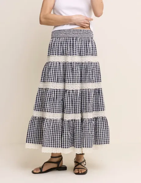 Nobody's Child Pure Cotton Gingham Midi Tiered Skirt Blue