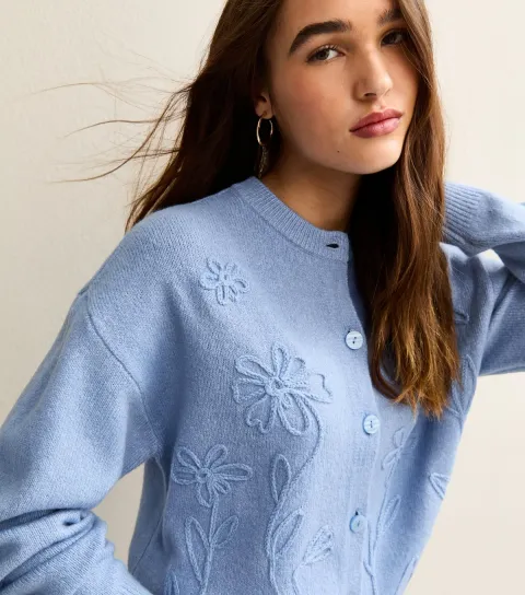 Women's Blue 3D Floral Knitted Cardigan