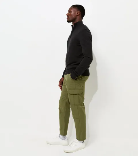 Men's Dark Khaki Cotton Slim Fit Tapered Leg Cargo Trousers