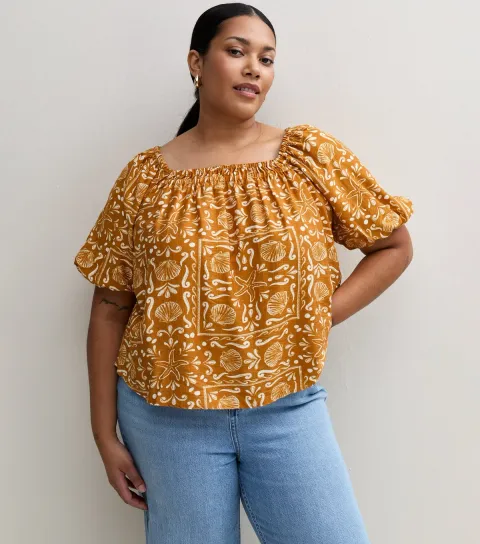 New Look Women's Plus Size Orange Shell Print Puff Sleeve Blouse Curves