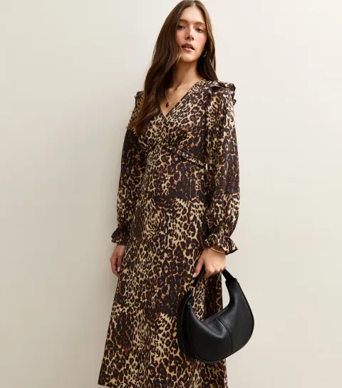 Women's Brown Animal Print Frill Shoulder Midi Dress