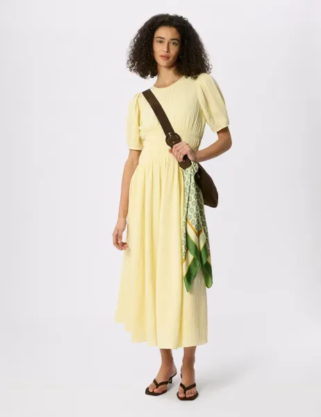 Whistles Pure Cotton Textured Gathered Midi Dress Yellow