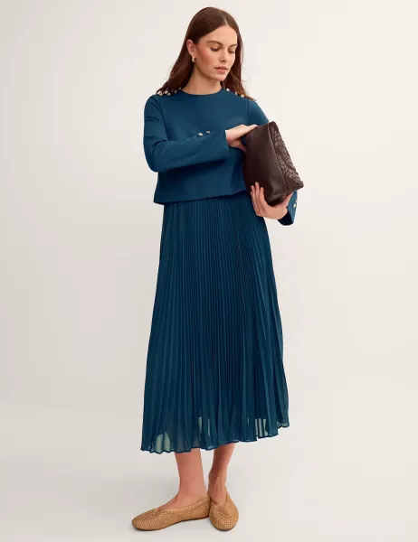 Monsoon Round Neck Pleated Midi Skater Dress Teal