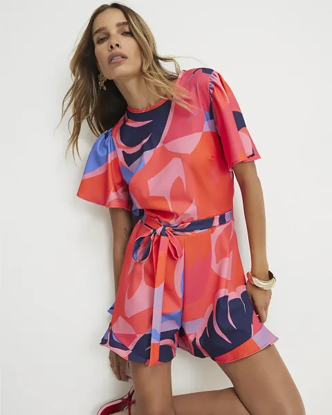 River Island Floral Printed Belted Playsuit