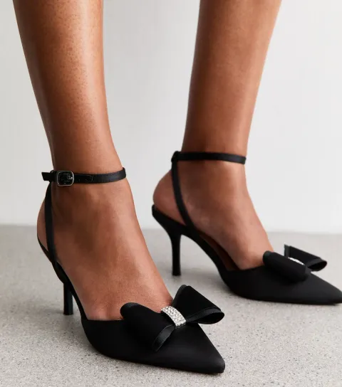 Women's Black Satin Bow Embellished Stiletto Heels Vegan