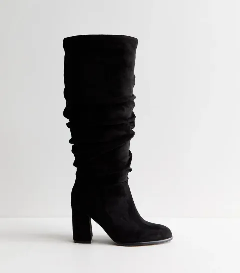 Women's Wide Fit Black Faux Suede Ruched Block Heel Boots Vegan