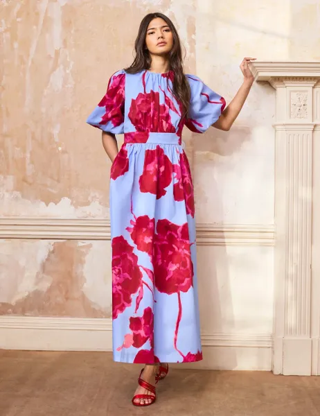 RO&ZO Cotton Rich Floral Midaxi Waisted Dress Light Blue Mix