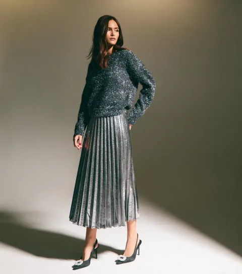 New Look Women's Silver Shimmer Pleated Midi Skirt