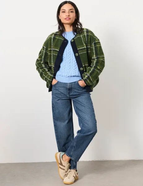 FatFace Borg Checked Collarless Jacket Green Mix