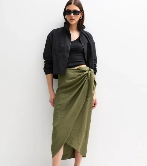 New Look Women's Khaki Crinkled Sarong Midi Skirt
