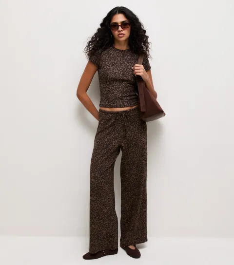 Women's Brown Cotton Rich Animal Print Wide Leg Trousers