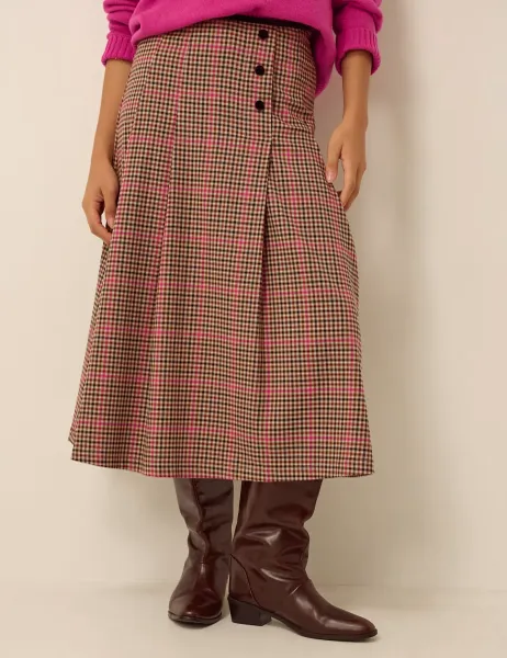 Checked Button Front Midi A Line Skirt Natural Mix