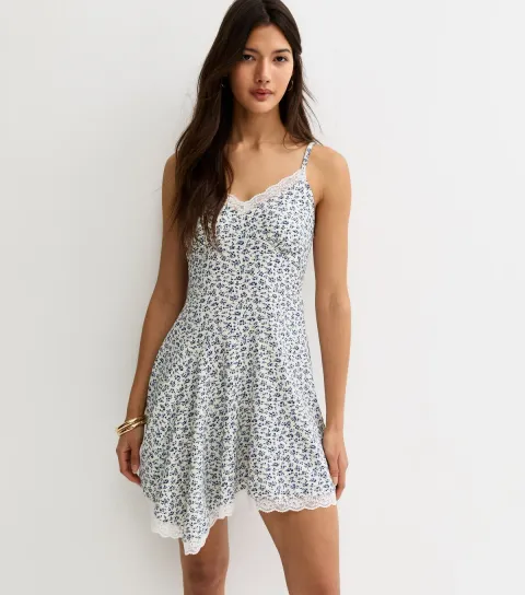 Women's White and Blue Mini Florals Lace Trim Mini Dress
