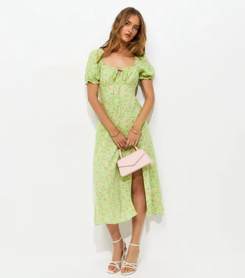 Women's Green Floral Print Slit Hem Midi Dress