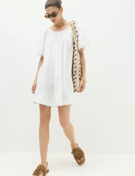 Marks & Spencer Linen Rich Puff Sleeve Mini Smock Dress White