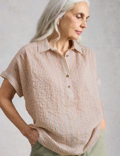 White Stuff Striped Collared Popover Shirt with Cotton Natural Mix