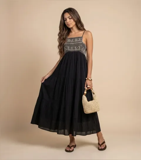 Women's Black Cotton Embroidered Panel Gauze Dress