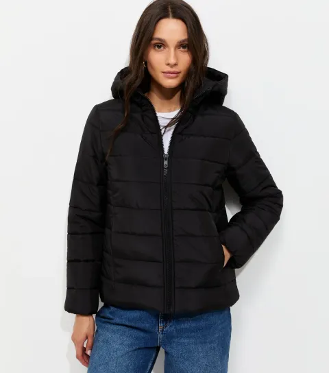 Women's Black Hooded Padded Jacket