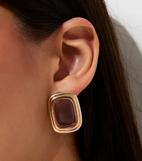 New Look Dark Brown Contrast Stone Rectangular Earrings