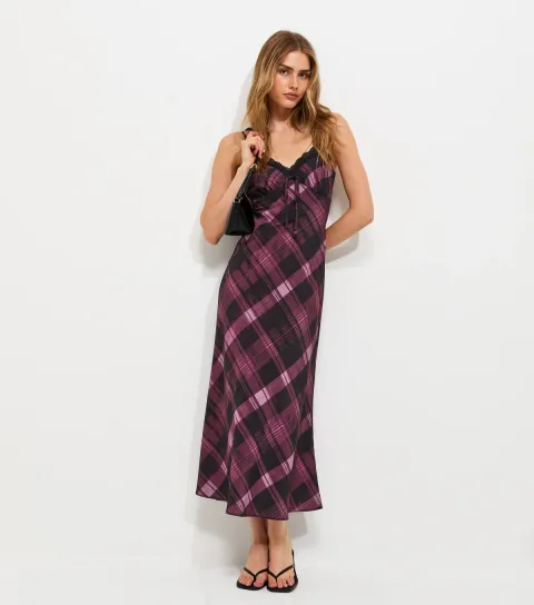 Women's Pink Checked Lace Trim Midi Dress