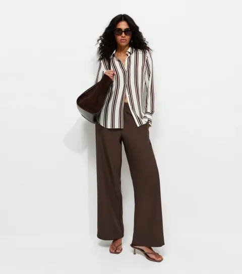 Women's Dark Brown Pull On Wide Leg Trousers