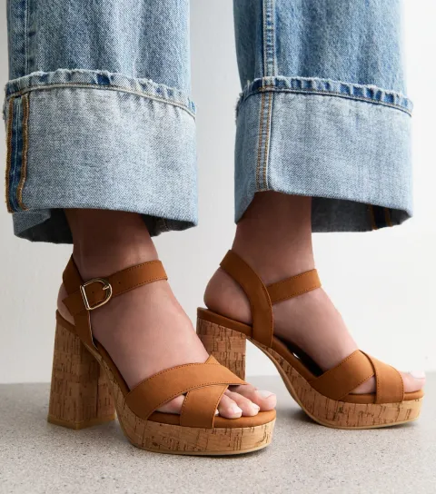 Women's Brown Faux Suede Cork Platform Heeled Sandals Vegan