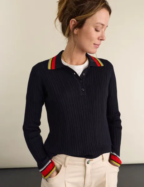 BAUKJEN Pure Merino Wool Ribbed Polo Top Blue