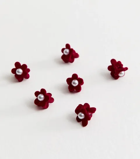 Pack of 6 Burgundy Mini Faux Pearl Embellished Floral Hair Clips