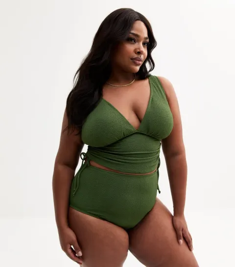 Women's Plus Size Khaki Textured Jersey High Waisted Bikini Bottoms Curves