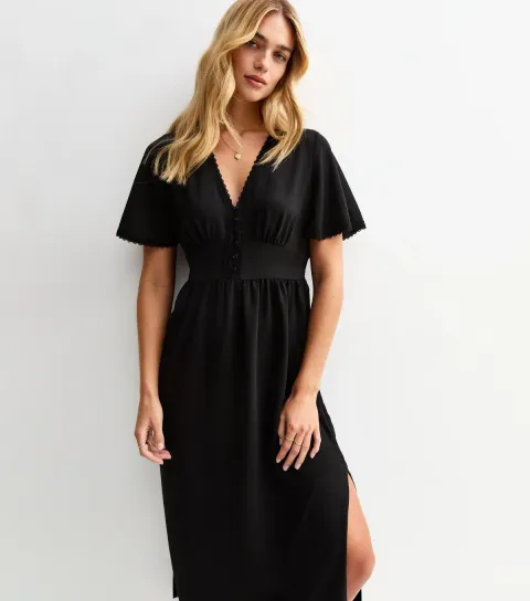 New Look Women's Black Lace Trim Button Through Midi Dress