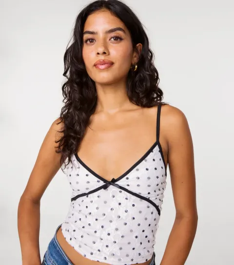 Women's Off White Polka Dot Lace Cami Top